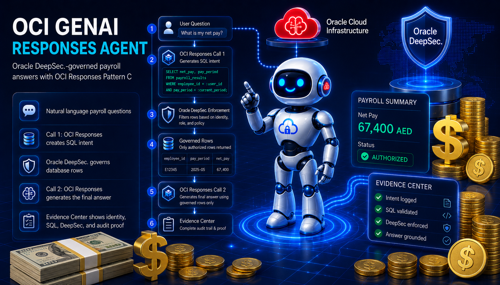 OCI GenAI Responses Agent hero showing Oracle DeepSec. governed payroll answers